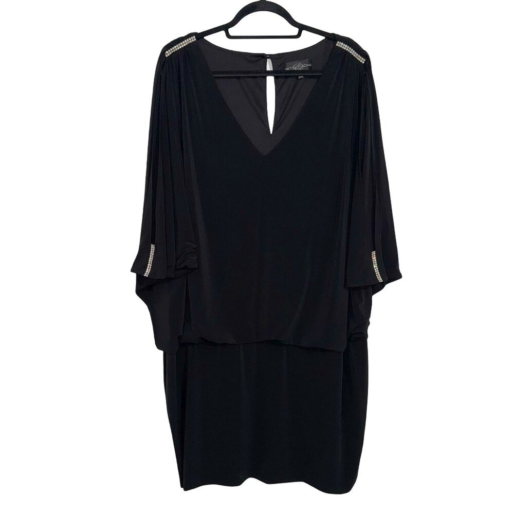 Betsy & Adam Black Midi Dress with V-Neck and Rhinestone Shoulder Accents